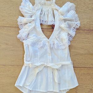 XS white Bebe cotton halter top with ruffles